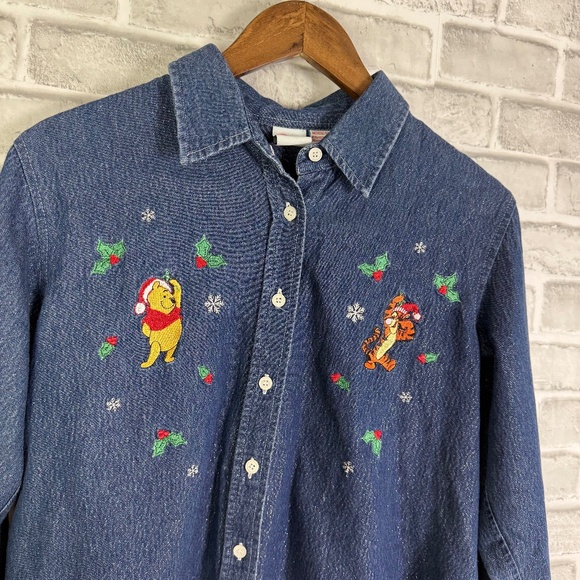 Disney Tops - Disney Winnie Pooh & Tigger Christmas Metallic Denim Button Up Shirt Size Medium